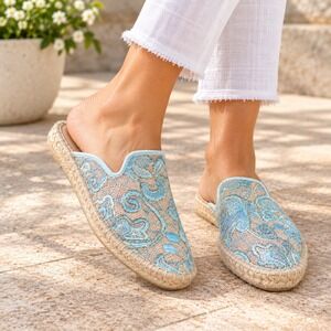 Sesto Meucci Blue Floral Embroidered Espadrille Mules 8 Spain Slip On Shoes